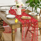Artoid Mode Red Embroidery Daisy Gauze Table Runner 120 Inch 10FT, Seasonal Sheer Kitchen Dining Holiday Wedding Birthday Table Decor for Home Party