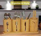 Bamboo Cutlery Holder Set - 4 kitchen Utensils Holder with Bamboo Tray | Decorative kitchen countertop Cutlery Stand | Utensil holder - knife, fork Spoon and Straw holders