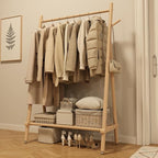 Muwuele Solid Wood Clothing Rack, Rolling Clothes Rack for Hanging Clothes, Garment Rack with Shelves Load 350 Lbs, Portable Closet Organizer on Wheels for Hanging Clothes (Natural)