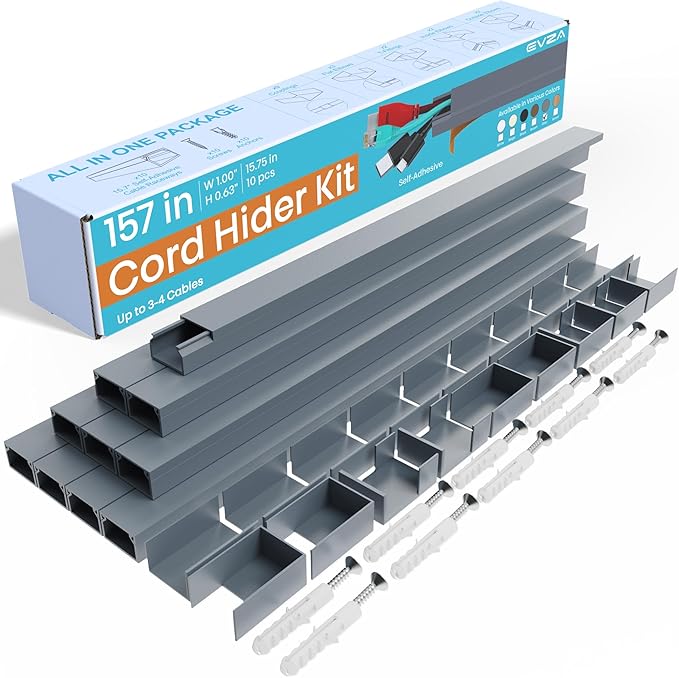 Grey Cable Cover Cord Hider - 157in Wire Hider on Wall Mounted, Grey Cord Cover Kit for Wall Mounted TV, Hide Wires Along Wall, Decorative Cable Raceway, Electrical Cable Concealer, Gray Cable Channel