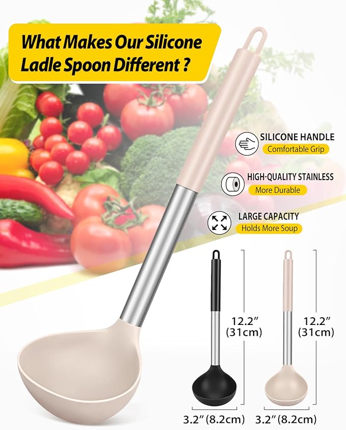 Pack of 2 Ladle Spoon,Silicone Large Spoon for Soup,Non Stick Kitchen Utensils with High Heat Resistant,BPA Free Perfect Kitchen Tools for Cooking, Stirring,Serving Soups (BLACK-KHAKI)