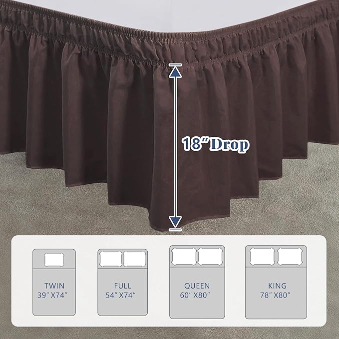 King Bed Skirt, Elastic Wrap Around Bed Skirt King Size, Bed Skirts for Adjustable Bed, Easy Fit with 18" Drop Length Tailored Drop Dust Ruffle (Brwon)