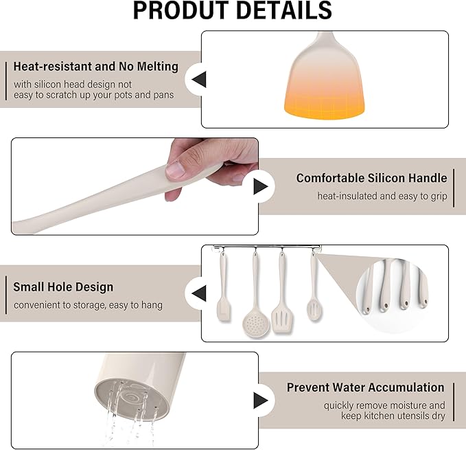 HaWare 11 PCS Silicone Cooking Utensils Set, Heat Resistant Kitchen Utensils with Holder, Food-grade Spatula Sets for Nonstick Cookware, Kitchen Tools Gadgets Include Fish Turner, Spoon (Khaki)