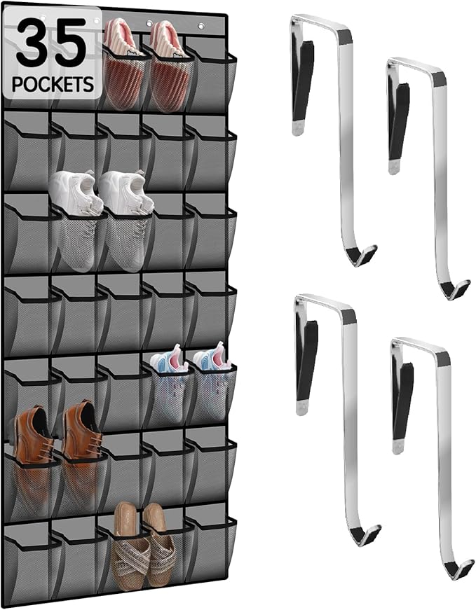 Kotkn 35 Compartment Over The Door Storage - Breathable Mesh Hanging Organizer with Large Pockets, Space Saving Design for Men & Women's Footwear, Closet, Bedroom (Gray)