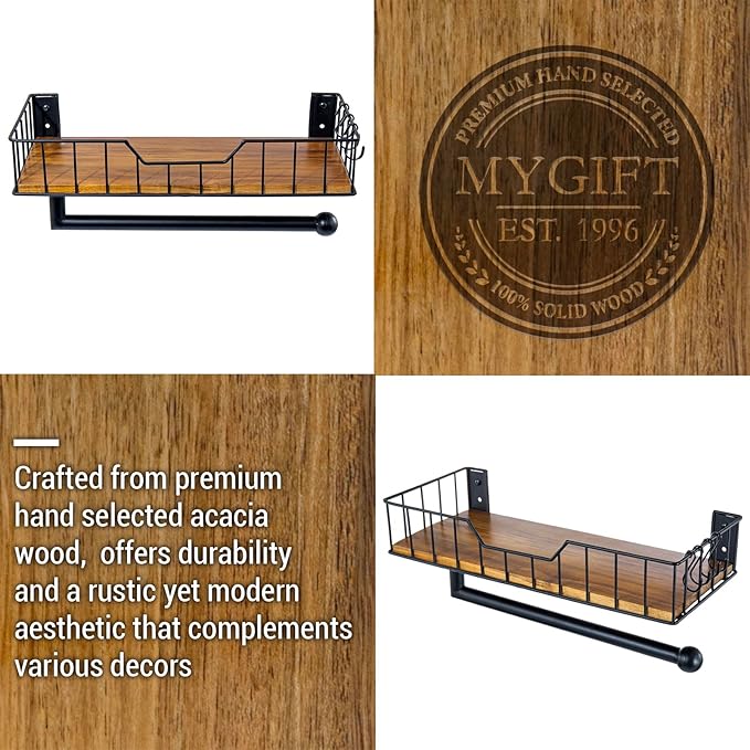 MyGift Wall-Mounted Matte Black Metal Paper Towel Holder with Premium Acacia Wood Shelf and 3 Hanging Hooks