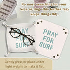 Surfer Gifts Jewelry Valet Tray for Women Men, Pray for Surf Coastal Beach PU Leather Catchall Beside Caddy Nightstand Organizer Tray for Jewelry Rings Watches and Accessories, 7.87x7.87in