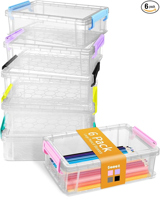 Sooez 6 Pack Extra Large Pencil Box, Plastic Hard Pencil Case Crayon Box Bulk, Clear Marker Organizer Plastic Containers with Lid, Stackable Storage Boxes for Art Craft, Back to School Supplies, Multi