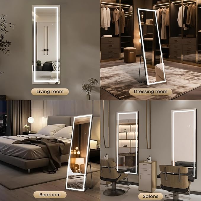 Kosmonia 65x22 Frameless Full Length Mirror, Dimmable 3 Color LED Light w/Memory Function, Distortion Free, HD Reflection & Anti Desilvering, Tempered Glass, Easy Setup w/Stand, Wall/Standing