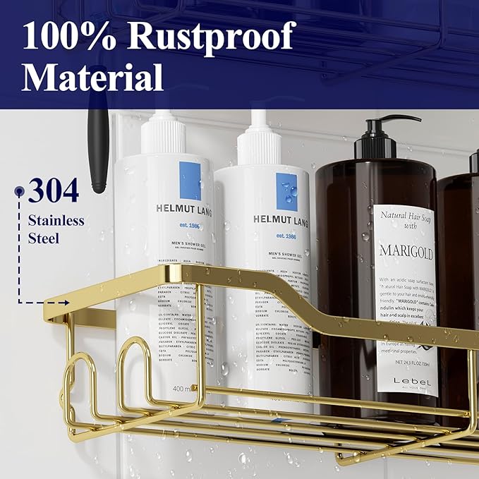 Kitsure Shower Caddy Large - Adhesive Shower Organizer, Stainless Steel Shelf for Inside Shower, No Drill Bathroom Organizers and Storage, Home Decor Accessories, 2 Pack, Gold