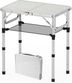 YihuiKo Folding Camping Table, Aluminum 24" x 16" Adjustable Height Max 27.5" with Carrying Handle, Lightweight, Portable Camping Table for Outdoor Indoor Picnic Beach, Silver