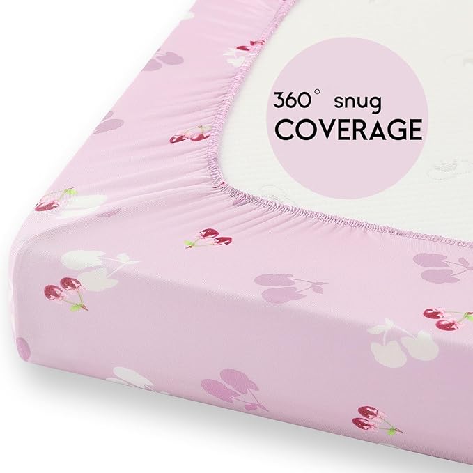 Yoofoss Pack and Play Sheets Fitted, Mini Crib Sheets 2-Pack for Pack N Play Mattress, Stretchy Playard Sheet, Soft and Breathable (Pink+Cherry)
