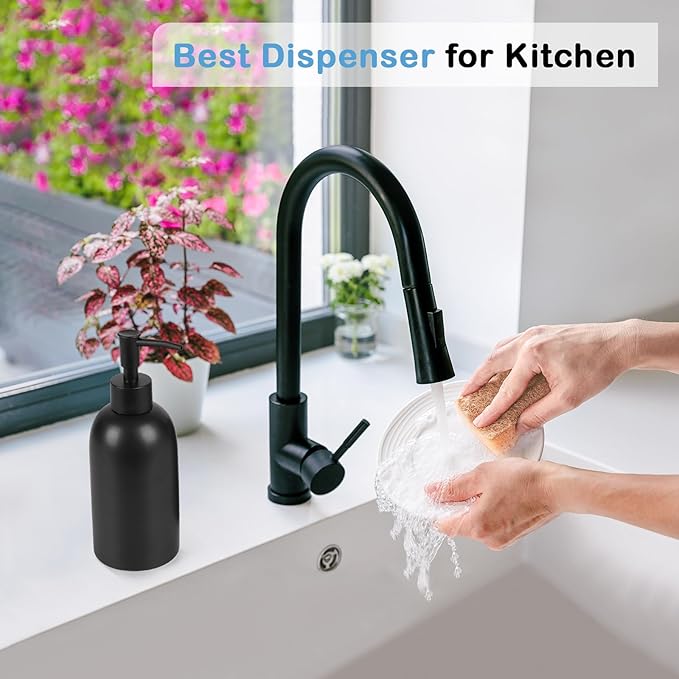 Natheeph 14OZ Ceramic Soap Dispenser Ceramic Soap Pump Dispenser Can Fill Liquid for Bathroom/Kitchen (Black)