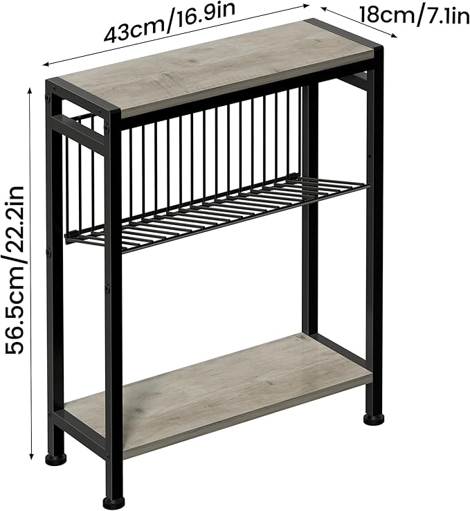 Small Side Table for Small Space, 3-Tier Narrow End Table with Magazine Holder, Slim Nightstand, Skinny Snack Couch Table in Living Room, Bedroom, Study, Kitchen and Balcony (Greige)