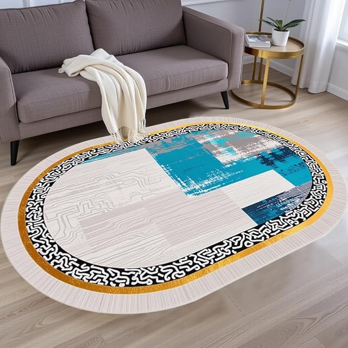 Vintage Luxury Grey Blue Gold Abstract Geometric Texture Oval Area Rug 4x6 for Living Room Bedroom Dining Room Minimalist Bordered Large Rugs Nursery Dorm Kitchen Entryway Soft Non Skid Floor Carpet