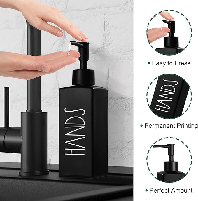 Hand Soap Dispenser, Matte Black Soap Dispenser for Bathroom, Glass Hands Liquid Dispenser with Pump, Farmhouse Soap Bottle Dispenser, Refillable Soap Bottle for Bathroom Decor, 12.3fl oz