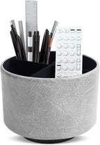 Round Leather Art Supply Organizer,Remote Control Holder,360 Degree Spinning,Multi-Functional Pencil Holder,4 Compartments Desktop Stationary Organizer(1-Crazy Blue)