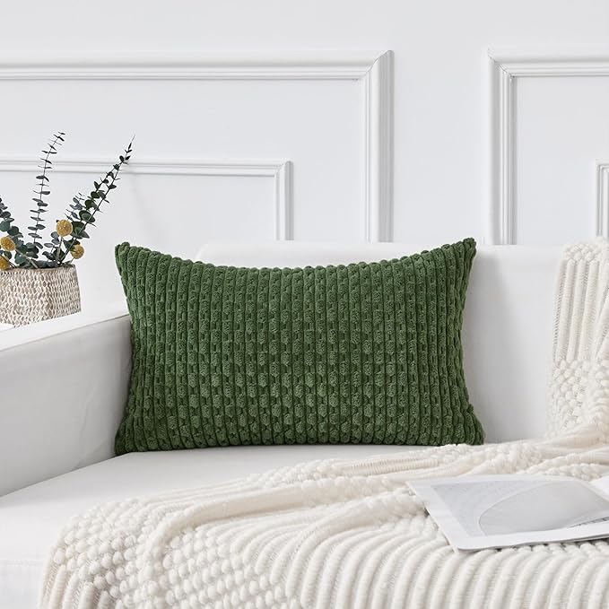 Kevin Textile 12x20 Inch Pillow Cover 1 Pack Boho Decorative Soft Striped Corduroy Lumbar Farmhouse Solid Color Accent Rectangle Cushion Case for Living Room Couch Sofa Bed, Moss Green