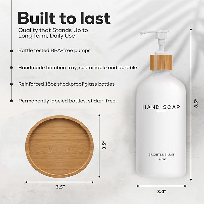 White Glass Hand Soap Dispenser Bathroom Set by Brighter Barns - Liquid Hand Soap Dispenser for Kitchen Sink - Boho Bathroom Pump Bottle Set - Minimalist Home Decor for Vacation Rental, Gifts (White)
