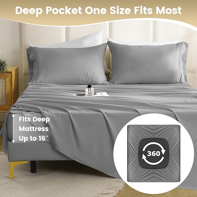 Twin XL Sheet Set - 3 Piece Silky Soft Breathable Bed Sheet & Pillowcase Set, 16" Deep Pocket Hotel Luxury Wrinkle Free Easy Care Bedding Sheets, Light Grey
