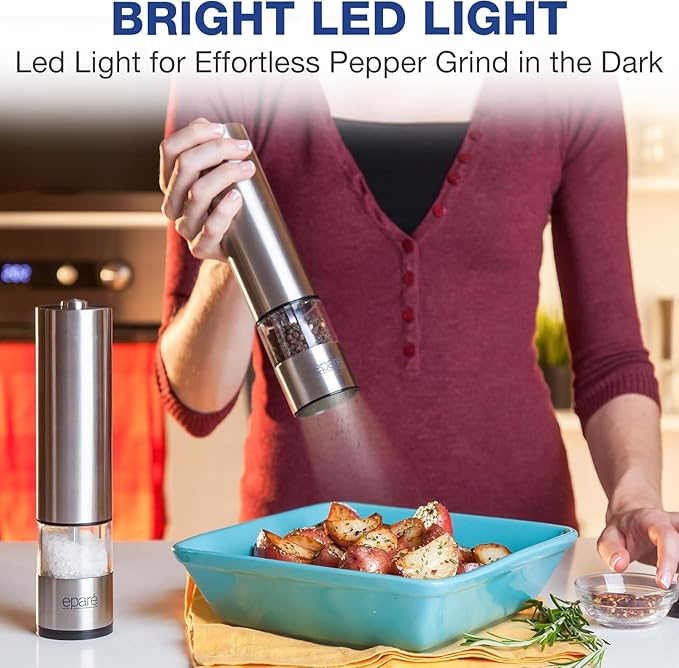 Eparé Salt or Pepper Grinder Mill Electric – Battery Operated Stainless Steel Mill with LED Light, Adjustable Ceramic Core, and One-Hand Push Button for Effortless Seasoning and Cooking