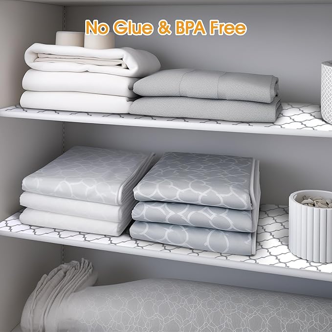 Shelf and Drawer Liner for Kitchen Cabinets Non-Adhesive, Strong Grip Non-Slip Thickened Cabinet Liners for Shelves, Waterproof Mats for Dresser Cupboard, White/Gray, 17 in x 10 Feet