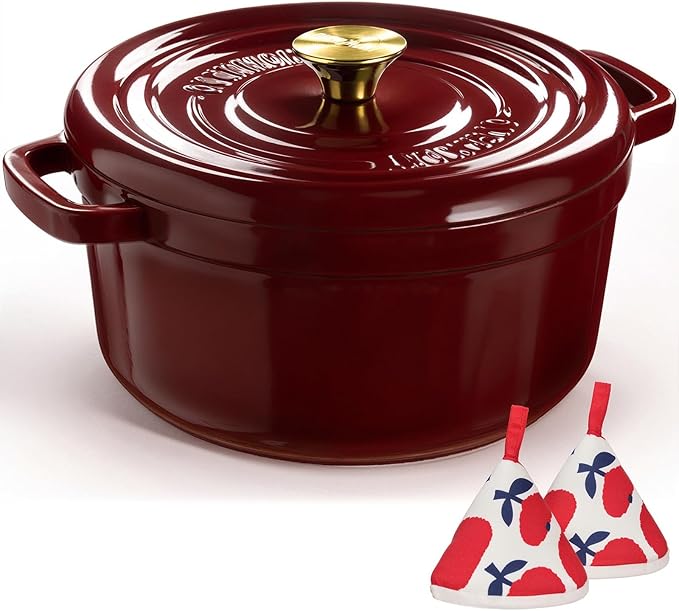 Overmont Enameled Cast Iron Dutch Oven - 5QT Pot with Lid Cookbook & Cotton Potholders - Heavy-Duty Cookware for Braising, Stews, Roasting, Sourdough Baking burgundy