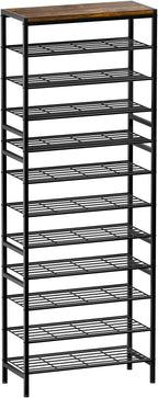 12-Tier Tall Shoe Rack Organizer Shoe Storage for Entryway 40-48 Pairs Metal Shoe Rack for Closet Heavy-Duty Shoe Rack with Wooden Top Shelf for Garage Rustic Brown
