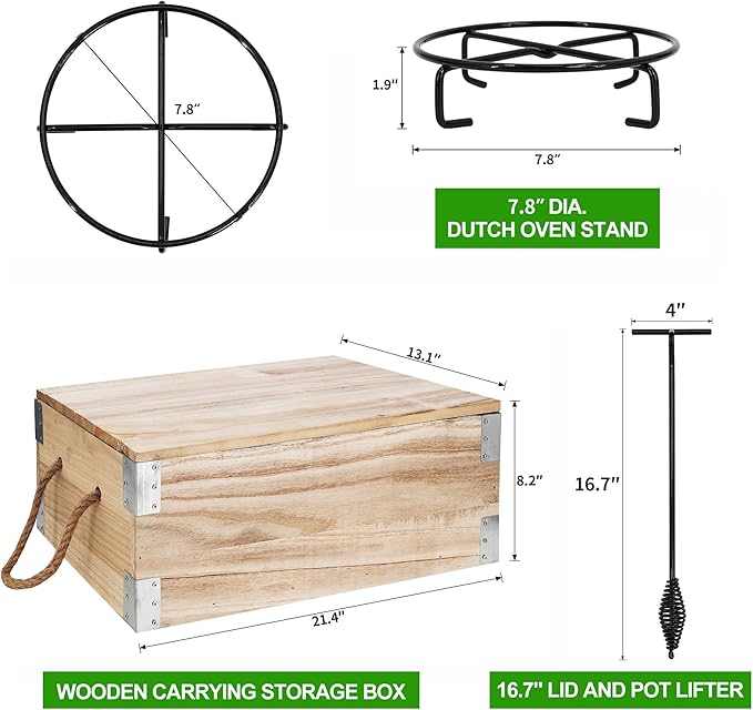 8 Piece Pre-Seasoned Dutch Oven Cooking Set Cast Iron Camping Kitchen Cookware Bakeware Skillets & Square Grill Pan w/Vintage Carrying Wood Box for Ourdoor Home BBQ Baking