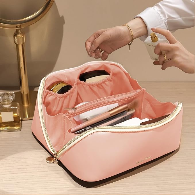 Prite Makeup Bag for Women Travel Waterproof Vegan Leather Cosmetic Bag Open Flat Toiletry Bag With Clear Divider and Handle (Pink, Medium)