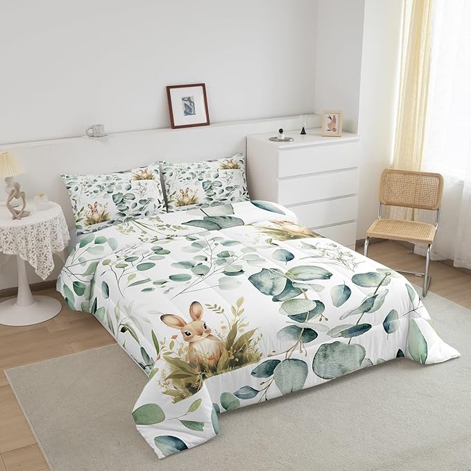 Erosebridal Girls Kawaii Animal Toddler Comforter Set Cute Rabbit Bedding Set, Cartoon Wildlife Bedding Comforter Sets Green Leaf Duvet Set, Spring Plant Quilted Comforter Child Kids Bedroom Decor