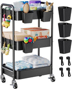 Baby Diaper Caddy Organizer and Storage, 3 Tier Rolling Cart with Wheels for Newborn Nursery Essentials, Baby Organizers for Changing Table, Crib, Bedroom, Movable Bedside Organizatio (Black)