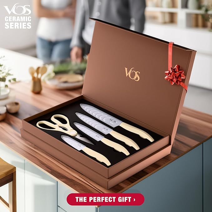 Vos ceramic knives set for kitchen in gift box, 5 ceramic knife with cover with scissors, 3" 4" 5" 6" ultra sharp knives for home cooks, lightweight, rust-free, dishwasher safe (Off-white handle)