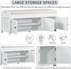 SOFTSEA Upholstered Storage Ottoman with Removable Cushion, Wooden Entryway Bench with 3 Shutter-Shaped Doors and Hidden Storage Space, Shoe Bech for Entreyway, Living Room, White with Beige Cushion