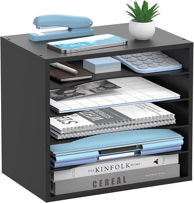 5-Tier Wood Desk Organizer, Paper Tray Organizer for Desk with Adjustable Storage Shelves, Desktop File Organization Paper Sorter Mail Holder for Office Home Classroom, Black