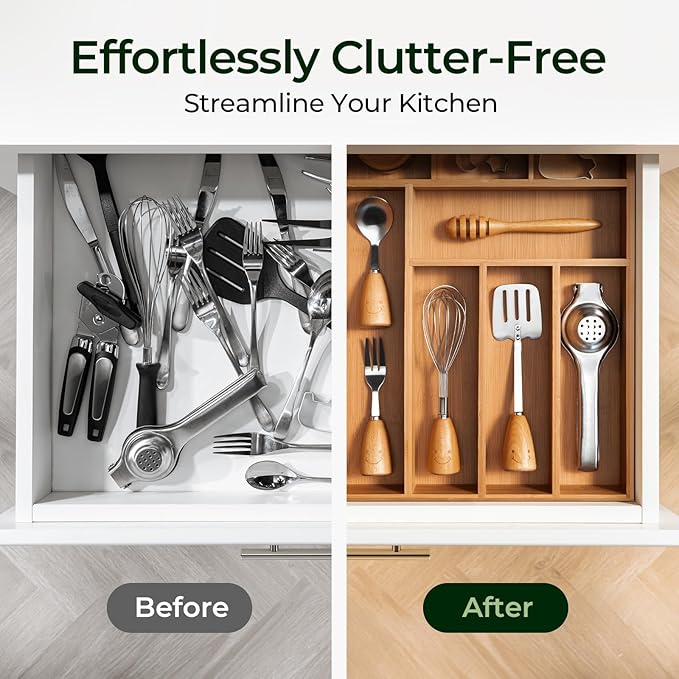 Carbonized Bamboo Kitchen Drawer Organizer, 8 Slots Silverware Organizer, Utensil Holder & Cutlery Tray, 2.2" Deep for Extra Capacity, Non-Slip Feet Included