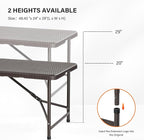 VINGLI 4 FT Plastic Folding Camping Table, Portable in/Outdoor Party Picnic Dining Desk,Garden Soccer Multipurpose Entertaining Activities, Brown