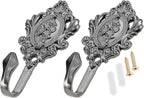 2Pcs Wall Hooks Black Pattern Carved Vintage Drapery Clothes Key Hook Bathroom Bedroom Multi-Function Decorative Hook with Screws