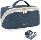 Prite Makeup Bag for Women Travel Waterproof Vegan Leather Cosmetic Bag Open Flat Toiletry Bag With Clear Divider and Handle (Blue Flower, Medium)
