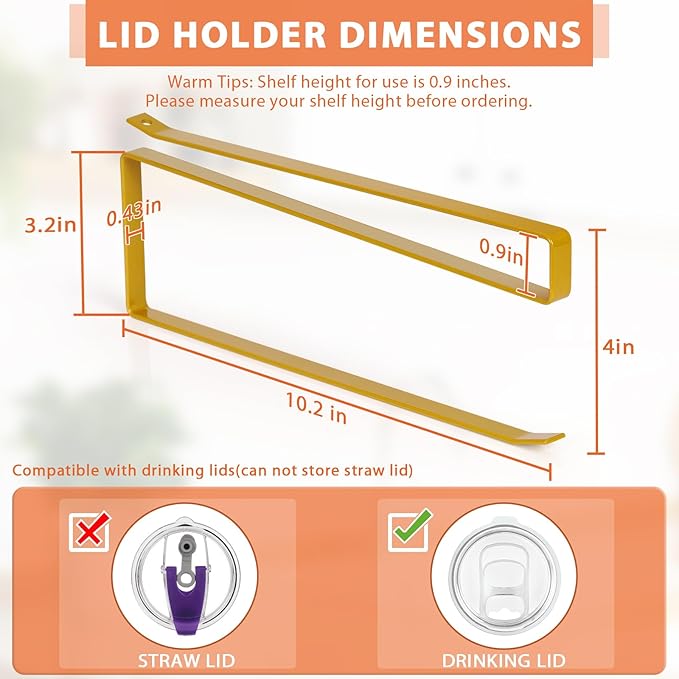 2 Pack Tumbler Lid Organizer, Horizontal Tumbler Lid Storage Hook to Hold Up 20 Lids, Space Saving Cup Lid Holders Under Cabinet Tumbler Lid Hook for Kitchen Organizer, Paper Towel Rack Hanger (Gold)