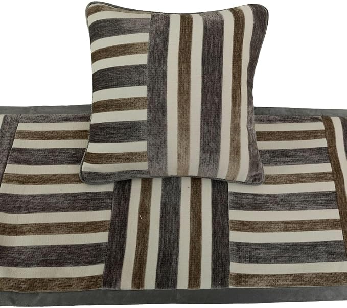 The HomeCentric King/Queen/Twin Beige & Grey Decorative CA King 86"x18" Bed Runner with 2 Pillow Cover, Patchwork Bed Scarf on Velvet Fabric - Striation