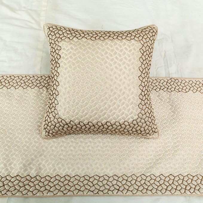The HomeCentric King/Queen/Twin Ivory & Gold Designer Twin 53"x18" Bed Runner Without Pillow Cover, Mosaic & Beaded Bed Scarf on Jacquard Fabric - Tessellation