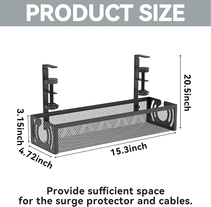 Cable Management, 15'' Under Desk Cable Management Tray No Drill, Metal Cable Organizer with Clamp for Wire Management, Cord Organizer for Home Office, Desk Accessories Organizer, Black