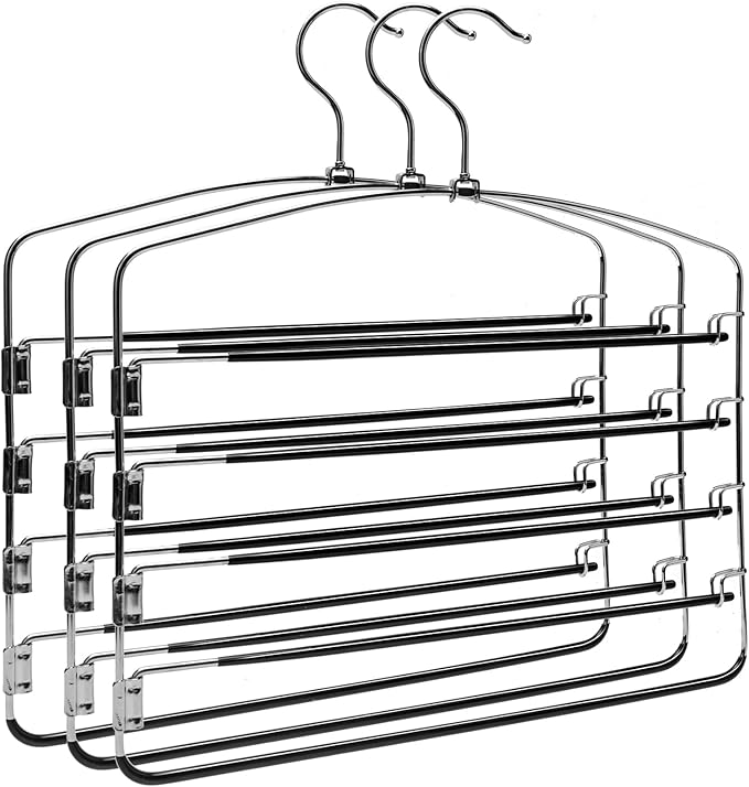 Multi-Layer Metal Pants Hangers, 3 Pack, 5 Swing Arms, Non-Slip
