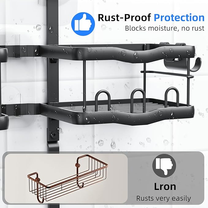 GearFusion Aluminum Shower Caddy Hanging for Handheld Showerheads Adjustable Split Shower Caddy Over the Shower Head Caddy, 2 Levels Showers Rack Organizer with Hooks, Razor Holder, Soap Holder,Black