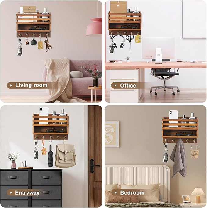 Mail and Key Organizer for Wall – Key Holder Wall Mount with Storage Box and 5 Key Hooks, Mail Holder Wall Mounted for Entryway, Apartment, Office, Home Decor Organization (Brown)