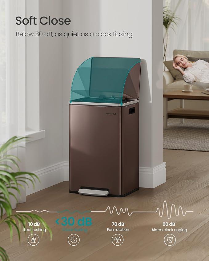SONGMICS Trash Can, 13-Gallon Gabbage Can, with 15 Trash Bags, Stainless Steel, with Soft-Close Lid, Removable Inner Bucket, Handles, Red Brown ULTB595MZ01