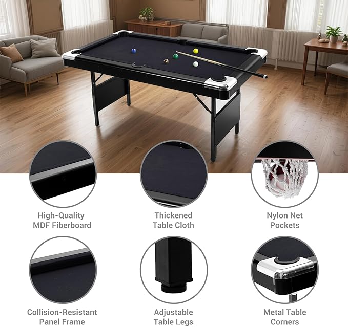 7 Foot Pool Table for Family, Foldable No Assembly Pool Table with Balls, Cues, Chalk, Rack & Brush, Portable Billiards Game Table for Apartment, Basement, Office & Game Room