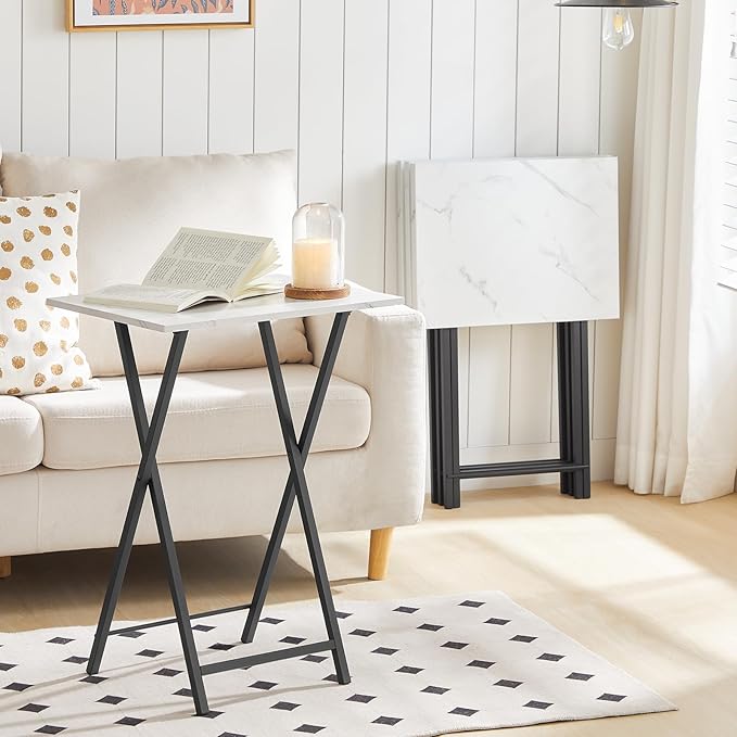 HOOBRO Folding TV Tray Tables, Set of 4 TV Trays with Storage Rack, Industrial Side Table for Eating at Couch, Foldable Snack Table for Small Space, Easy Assembly, White and Black BW50BZ01