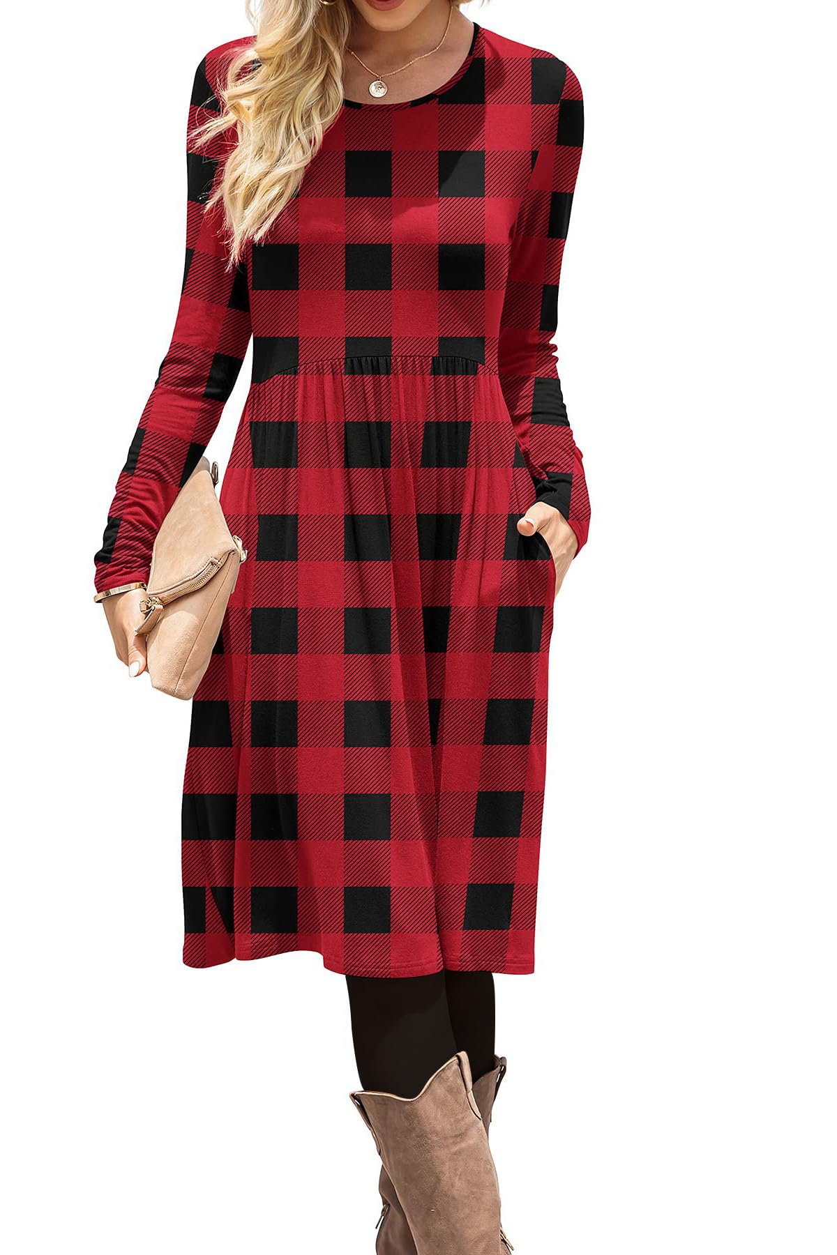 DB MOON Women Casual Long Sleeve Dresses Empire Waist Loose Dress with Pockets (Army Green, 2XL)