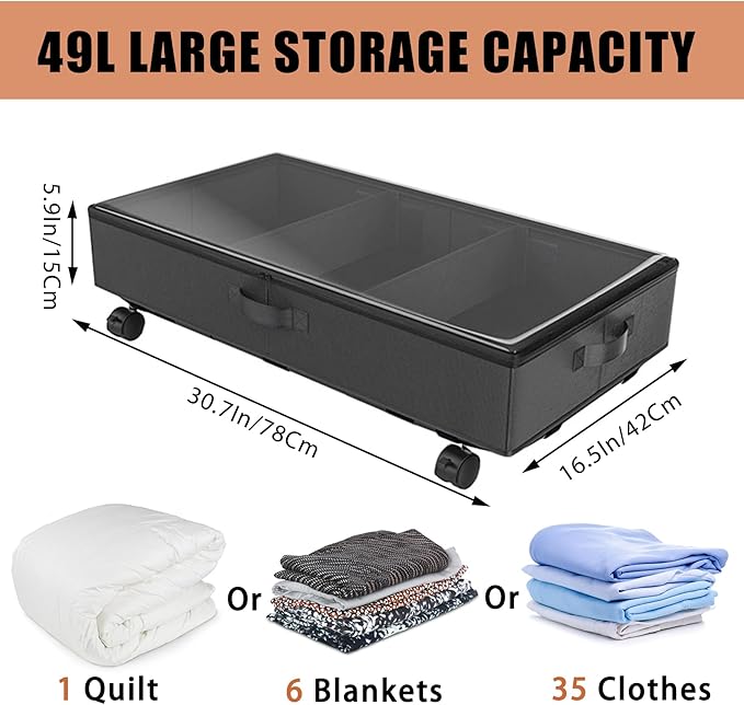 2 Pack Under Bed Storage Rolling Metal Frame Underbed Containers with Wheels Lid Visiable Window Storage Bag Box Organizer Home Closet Organization Drawer Bins for Clothes Shoes Toys Blanketss Black
